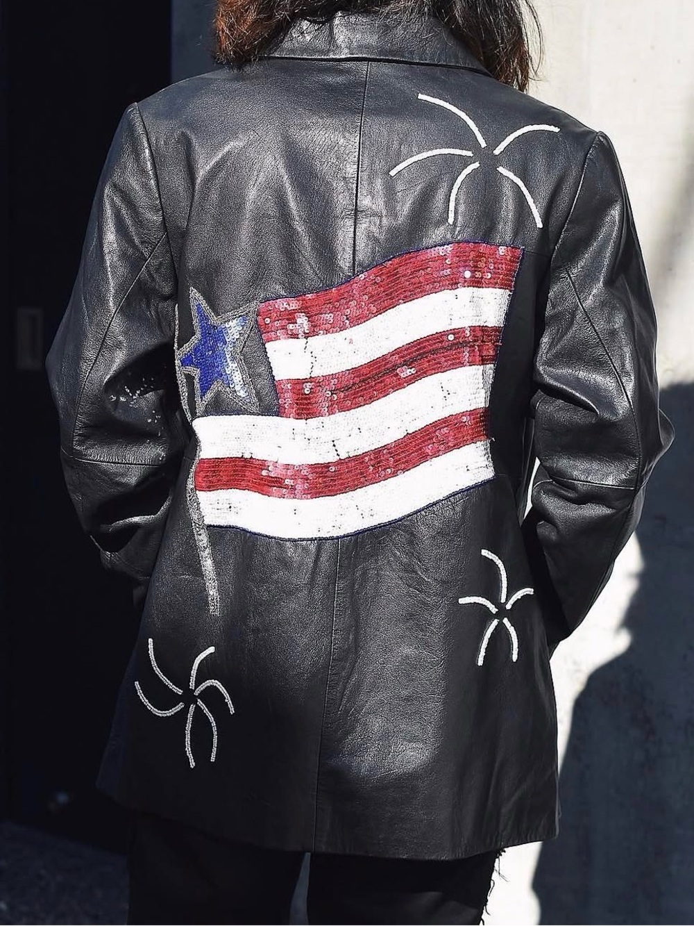 Vintage Leather Jacket American Flag USA Sequin Firework Stars Quacker Factory‎